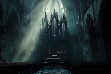 Majestic gothic church interior with intricate organ and ethereal light rays.