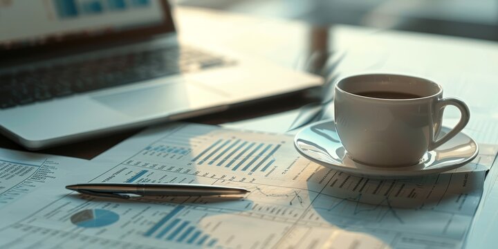 Close-up of a 'Best Practices' guide on a sleek office desk, with financial charts, a pen, and a cup of coffee, emphasizing detailed corporate standards