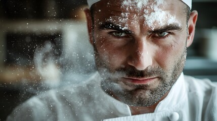 Chef's Face with Flour Dust: Portrait of a chef's face, with a light dusting of flour and a determined look, set against a kitchen background.
