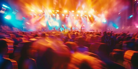 Blurred motion of people at a music festival, with colorful lights, stages, and a lively crowd enjoying the performances