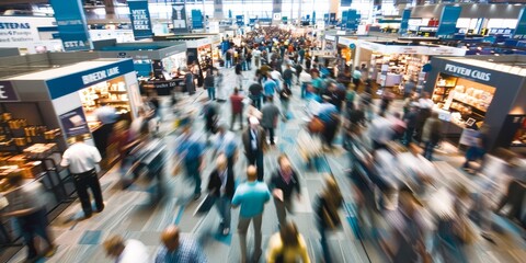 Obraz premium A busy trade show floor captured in a blur, with people moving between booths, engaging with exhibitors, and gathering information