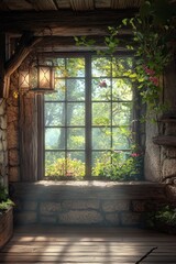 A window in a whimsical fairy tale cottage, with a forest outside. 