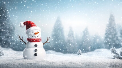 Happy snowman standing in christmas landscape. Snow background with copy space