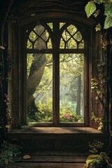Fototapeta premium A window in a whimsical fairy tale cottage, with a forest outside. 