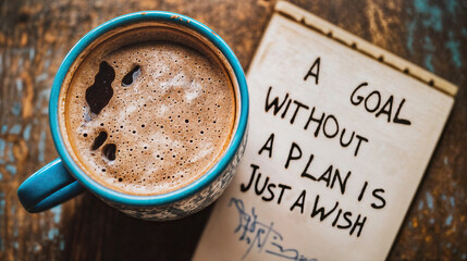 Motivational quote beside coffee cup on wooden table