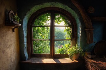 A window in a whimsical fairy tale cottage, with a forest outside. 