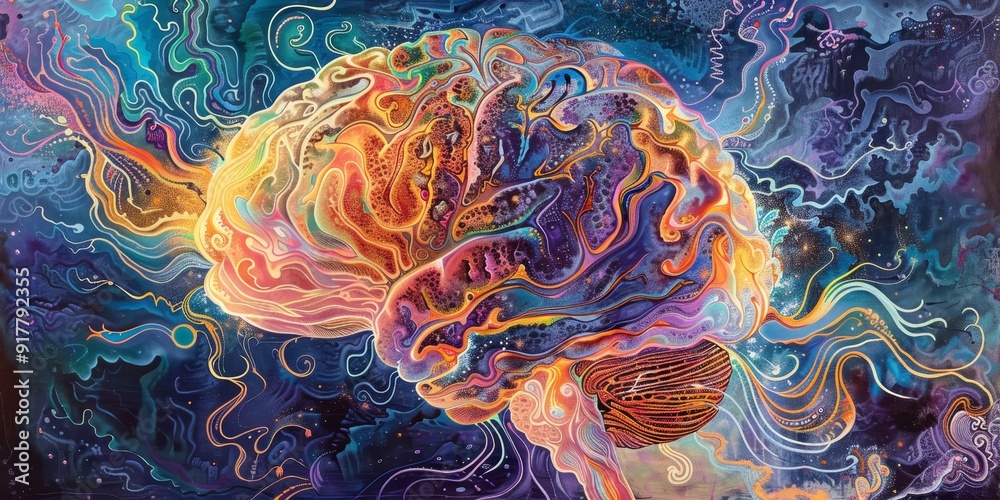Poster A brain forming intricate, colorful patterns, representing the complexity and beauty of neural connections and the brilliance of human thought
