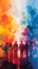 Creative Business Card Exchange: Group of People with Watercolor Cards and Smiling Faces on Whimsical Background. Ideal for Friendly, Creative Business Environment. Available in Photo Stock.