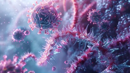 A detailed 3D illustration of a virus replicating inside a host cell, highlighting the mechanism of viral replication.