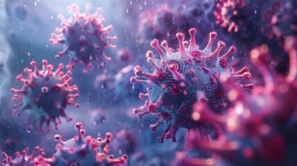 An artistic 3D illustration of a group of virus particles floating in a biological fluid, emphasizing the spread of infection.