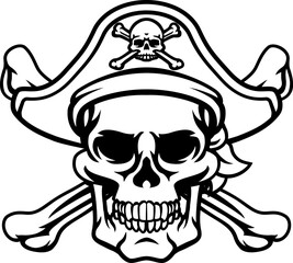 A pirate skull and crossbones jolly roger grim reaper cartoon wearing captain a hat and eye patch