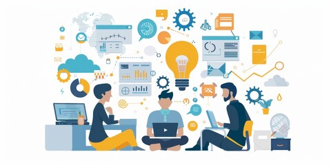 Business professionals collaboratively working on various business applications, symbolizing innovation, productivity, and the digital transformation of the workplace