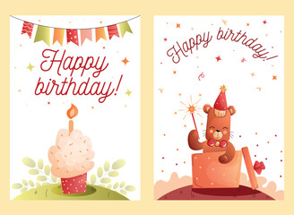 Childrens cute greeting card. Birthday card set with cupcake and bear in a festive box. Vector.