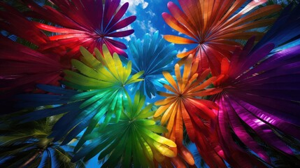 Colorful sky and palm trees view from below, vintage summer background  