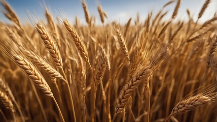 Fototapeta premium Close-up view of a golden wheat farm under clear sky and daylight