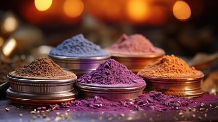 Colorful stacks of rangoli powder, during religious festivals such as Holi.  