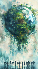 Creative concept of people analyzing watercolor earth and climate change charts in stock photo