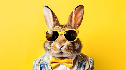 Cool bunny all dressed up with yellow background and copy space, background for easter
