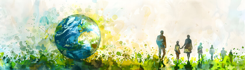 Naklejka premium Photo realistic image of people analyzing watercolor earth and climate change charts in a creative setting. Ideal for environmental awareness designs. Photo stock concept.