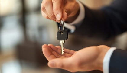 Real estate agent presenting keys to a client, signed purchase contract, closeup, elegant home setting