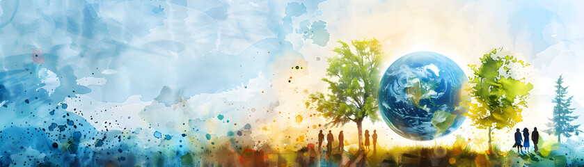 Naklejka premium Creative Photo Stock Concept: People Analyzing Watercolor Earth and Climate Change Charts