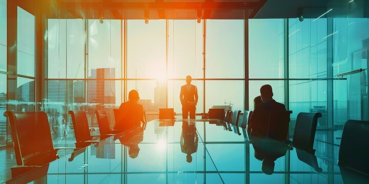 A business owner leading a team meeting in a bright, open office space, representing leadership and teamwork