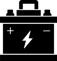 Car battery icon vector. Energy power accumulator. Automotive charge sign. Auto battery symbol isolated on transparent background. Electric auto lithium iron storage battery in black filled style.