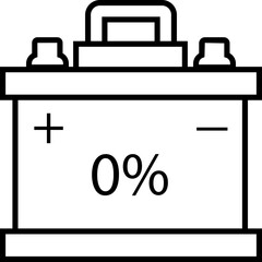 Car battery icon with 0% Energy power accumulator. Automotive charge sign. Auto battery symbol isolated on transparent background. Electric auto lithium iron storage battery in black Outline style.