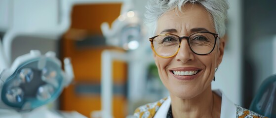 Satisfied senior woman at dental clinic, positive expressi
