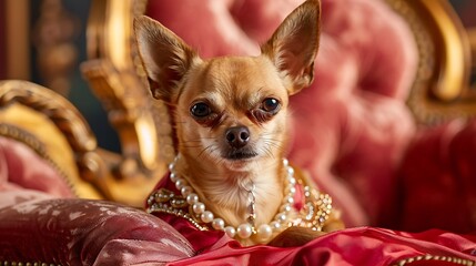 Well-Groomed Chihuahua Wearing Pearls on Elegant Chair