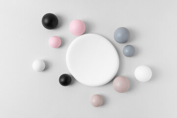 Product Presentation Scene in Minimalist Geometric Composition: Soft Bubble Spheres and White Stone...