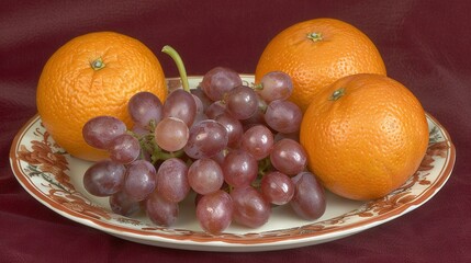   Oranges and grapes placed atop a red tablecloth with a red backdrop
