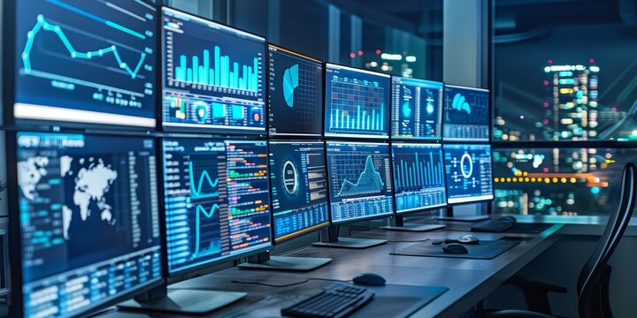 Advanced command center with a variety of monitors displaying live data, security feeds, and analytics, showcasing a modern, high-tech workspace for control operations