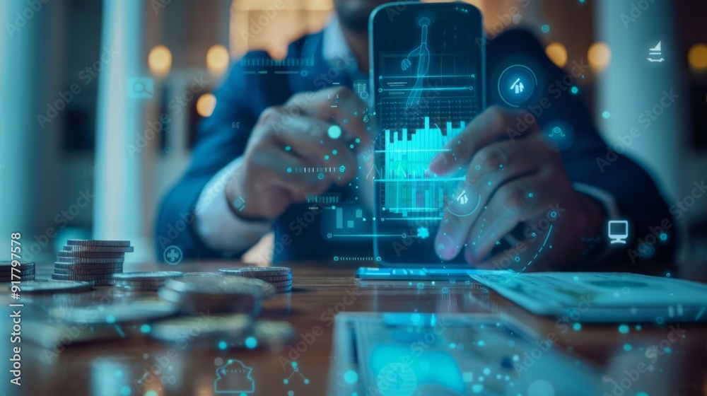 Fototapete a man is holding a cell phone with a screen displaying a graph