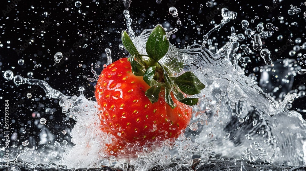 Poster a strawberry, with water droplets falling from its back and a green leaf protruding from the top