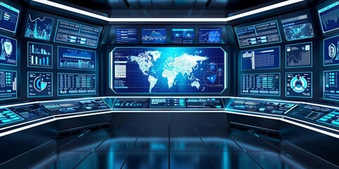 Dynamic command center setup with various screens displaying critical information and analytics, ideal for showcasing modern technology and operational management