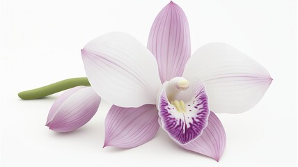 Obraz na płótnie Canvas A single orchid blossom, exotic flower element, white and purple, isolated on white background