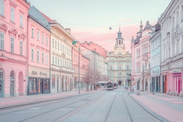 Pastel Cityscape with Tram