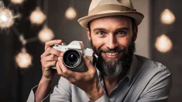 A man with a beard holding up his camera and smiling, AI