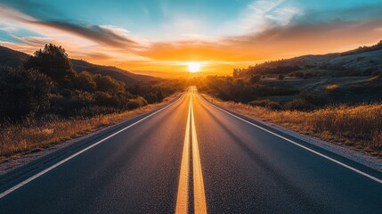 Naklejka premium A picturesque open road extending into the horizon at sunset, with warm, golden hues illuminating the path.