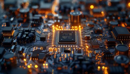 8K ultraquality graphic of a cuttingedge chipset, detailed microchip, blue and gold circuits, and realistic textures