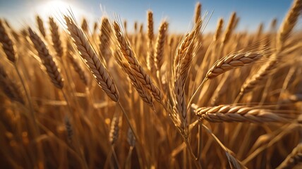 Obraz premium Close-up view of a golden wheat farm under clear sky and daylight
