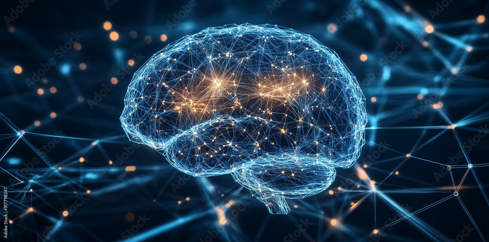Poster abstract image of a brain with glowing neural networks, digital background