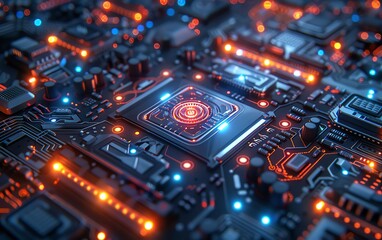 Hyperdetailed 8K graphic of a futuristic chipset, digital circuits, holographic effects, and highly realistic elements