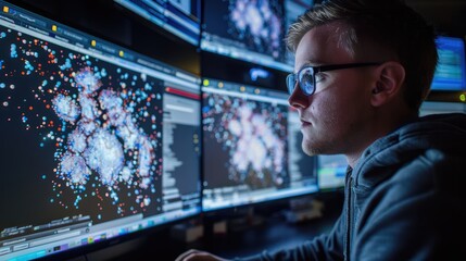 A man wearing glasses sits in front of multiple computer monitors, analyzing data.  He intently observes a complex network of information displayed on the screens.