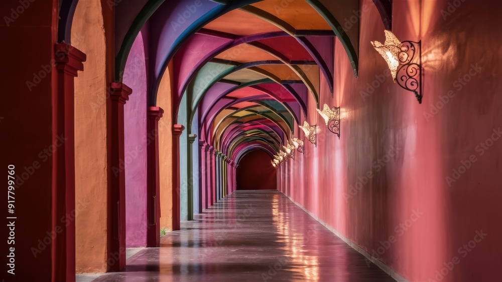 Sticker a long hallway with colorful walls and a light above, ai