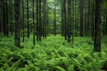 Lush Green Forest with Dense Fern Understory - Nature's Serenity for Print, Poster, Card Design