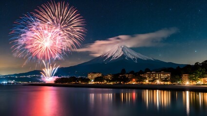 Firework around Fuji mountain in Kawaguchiko Lake Japan in beautiful night.
