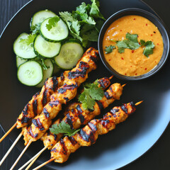 Chicken Satay: Skewers of grilled chicken satay with peanut sauce and a side of cucumber salad.