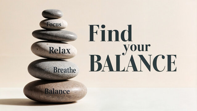 3d render illustration of motivational poster featuring a stack of stones with the words "FIND YOUR BALANCE" written on it alongwith focus, relax and breath.